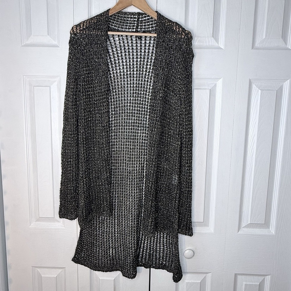 EILEEN FISHER Black Metallic Thread Open Knit Linen Blend Cardigan Size Medium